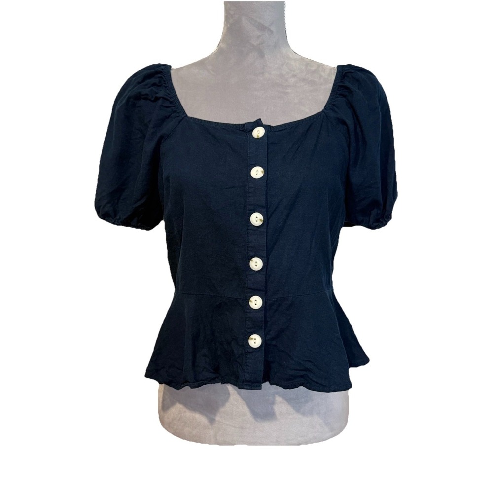 Universal Thread Dark Blue Linen Blend Top Blouse Peplum Short Sleeve Sz Small